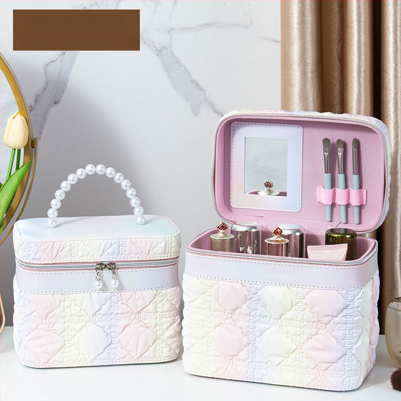 Kozmetička torbica s ogledalom, PVC materijal, zatvarač, karirani uzorak, prijenosna s univerzalnim kotačićima