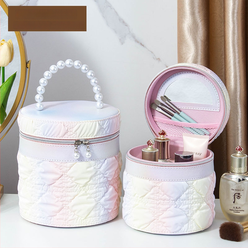 Kozmetička torbica s ogledalom, PVC materijal, zatvarač, karirani uzorak, prijenosna s univerzalnim kotačićima