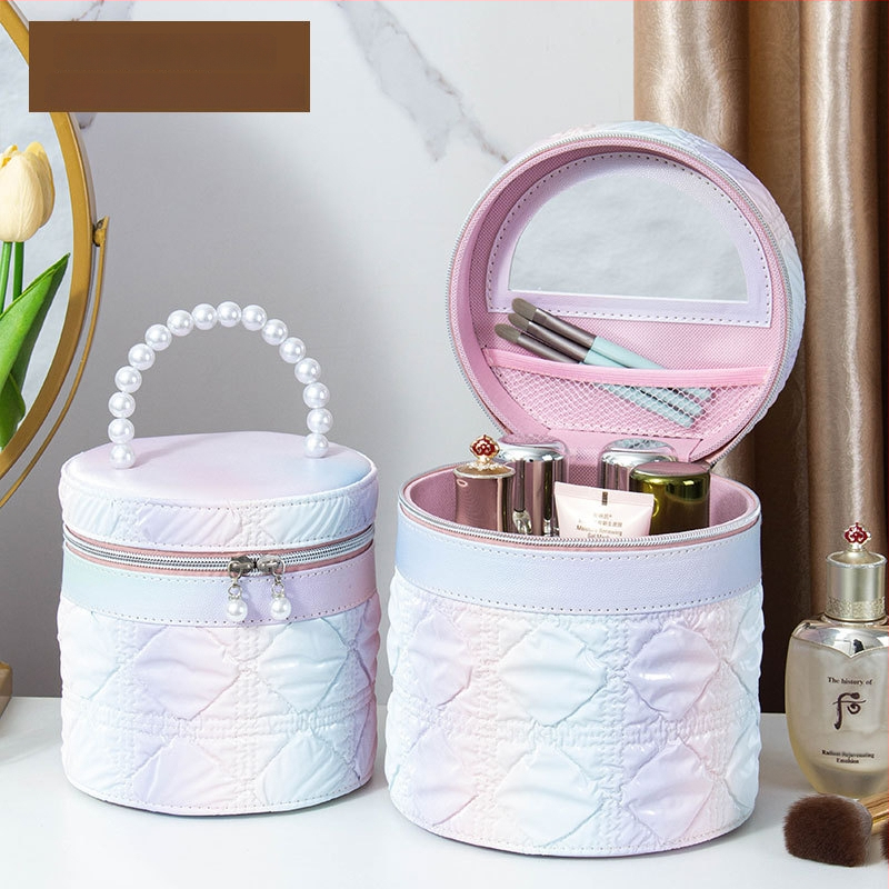 Kozmetička torbica s ogledalom, PVC materijal, zatvarač, karirani uzorak, prijenosna s univerzalnim kotačićima