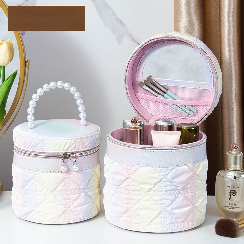 Kozmetička torbica s ogledalom, PVC materijal, zatvarač, karirani uzorak, prijenosna s univerzalnim kotačićima