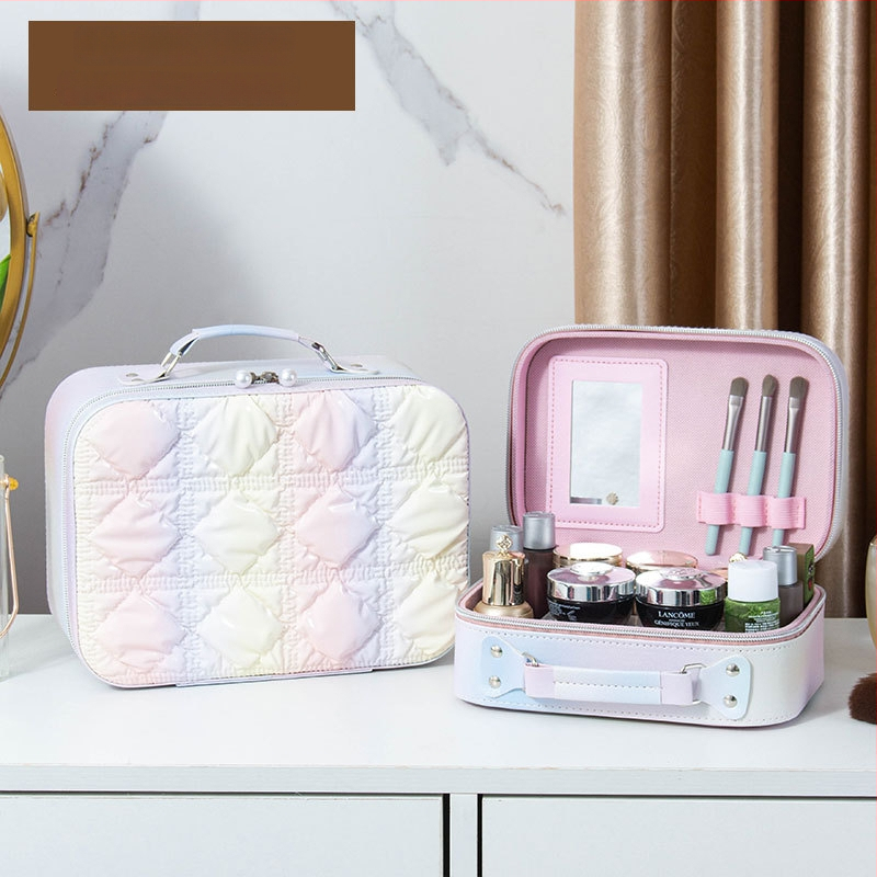 Kozmetička torbica s ogledalom, PVC materijal, zatvarač, karirani uzorak, prijenosna s univerzalnim kotačićima