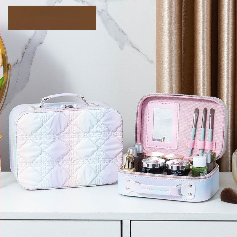 Kozmetička torbica s ogledalom, PVC materijal, zatvarač, karirani uzorak, prijenosna s univerzalnim kotačićima