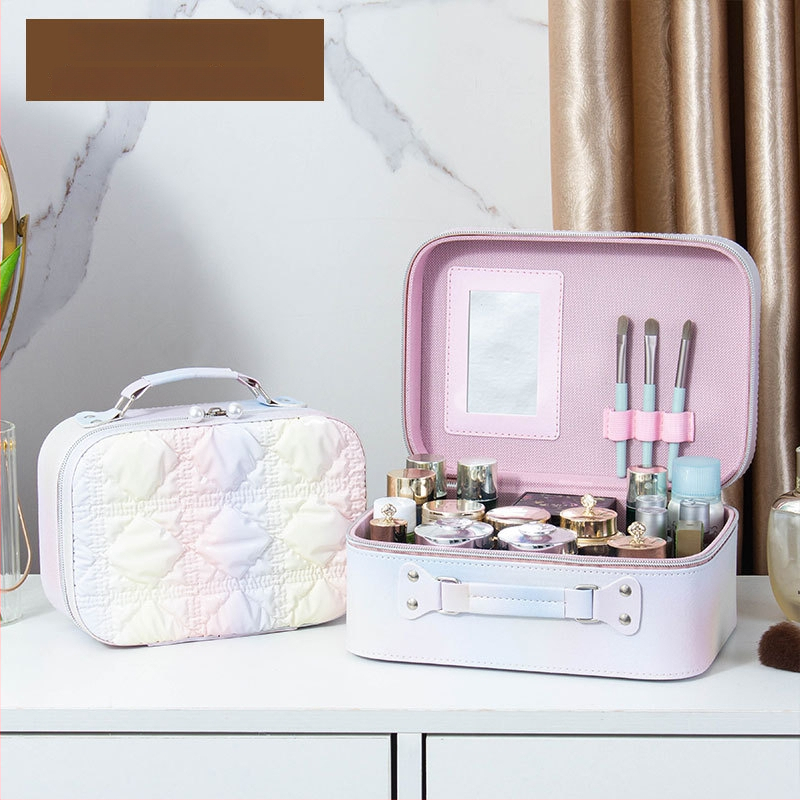 Kozmetička torbica s ogledalom, PVC materijal, zatvarač, karirani uzorak, prijenosna s univerzalnim kotačićima