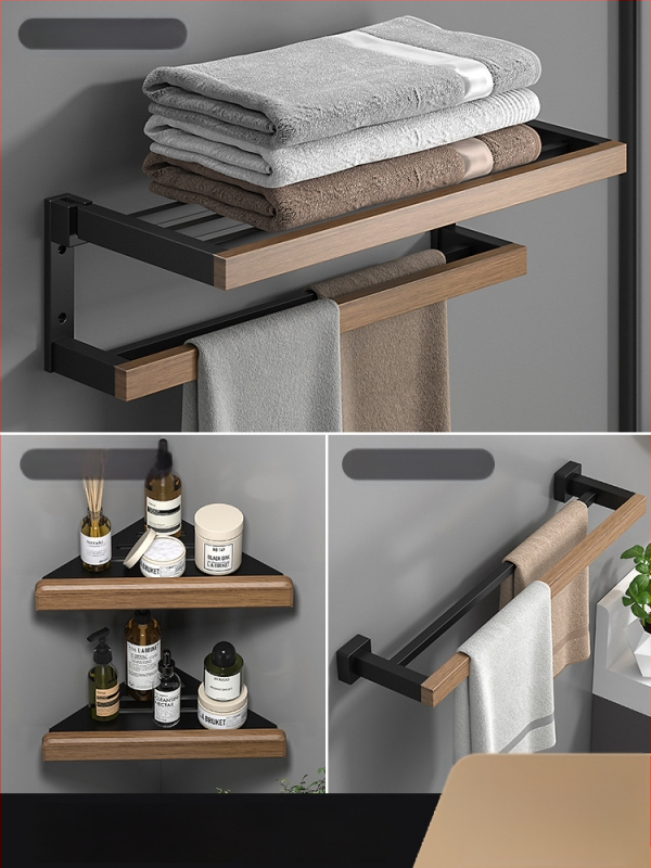 Fából készült falra szerelhető törölközőtartó, fúrás nélküli, hat darabos készlet