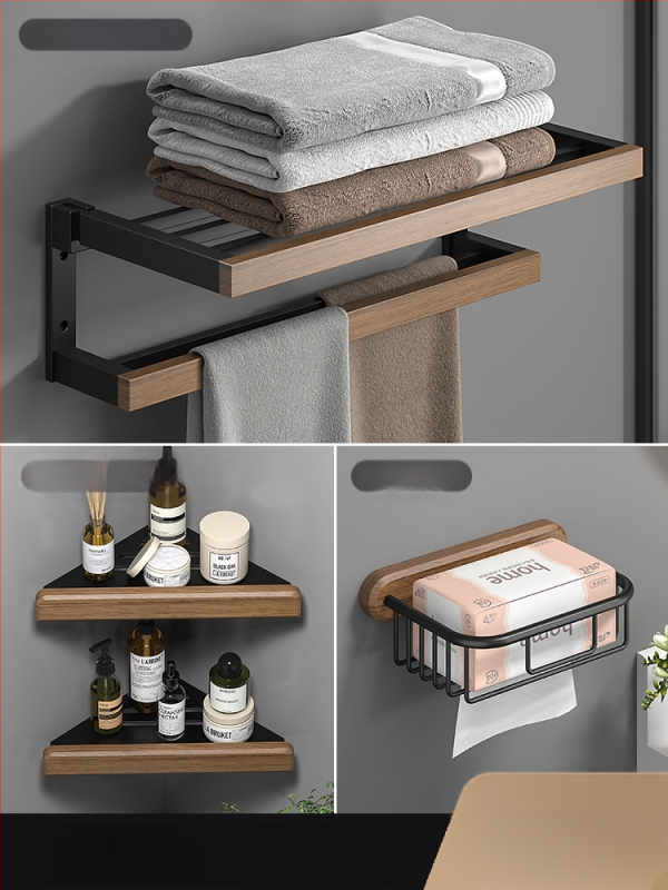 Fából készült falra szerelhető törölközőtartó, fúrás nélküli, hat darabos készlet