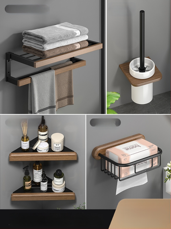 Fából készült falra szerelhető törölközőtartó, fúrás nélküli, hat darabos készlet