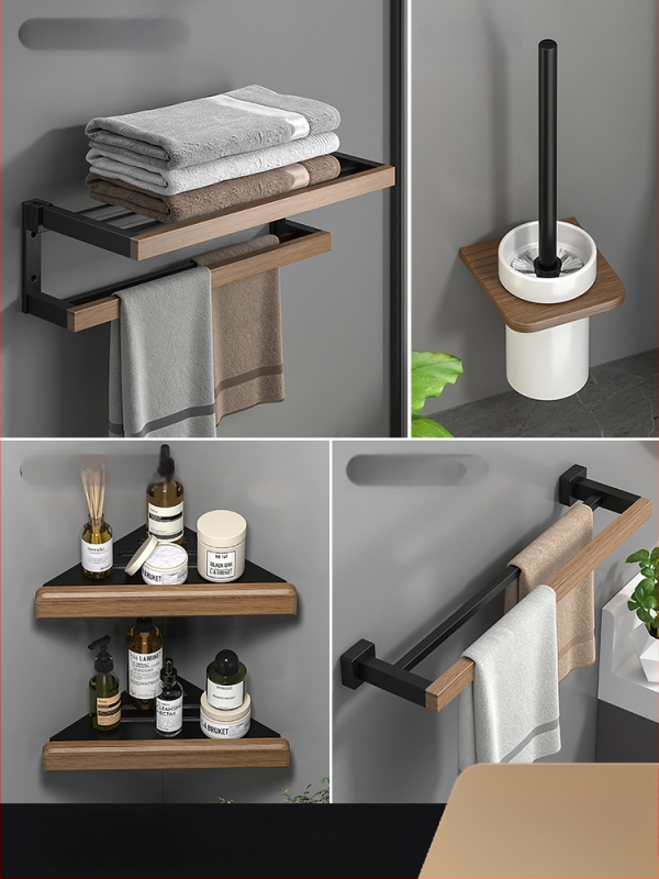 Fából készült falra szerelhető törölközőtartó, fúrás nélküli, hat darabos készlet