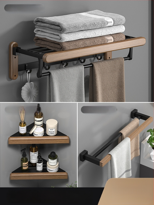 Fából készült falra szerelhető törölközőtartó, fúrás nélküli, hat darabos készlet