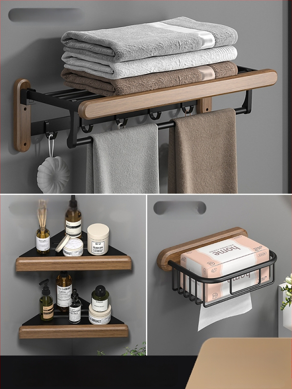 Fából készült falra szerelhető törölközőtartó, fúrás nélküli, hat darabos készlet