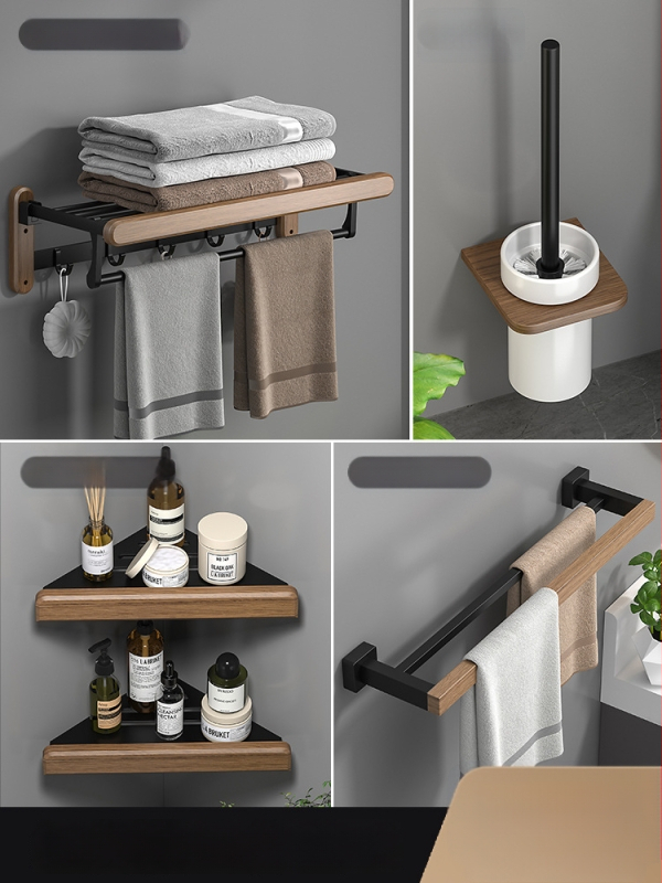 Fából készült falra szerelhető törölközőtartó, fúrás nélküli, hat darabos készlet