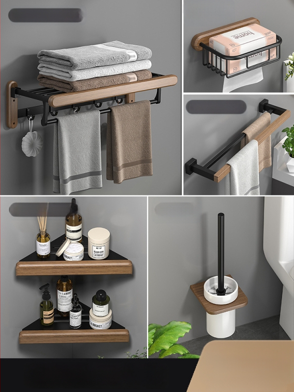 Fából készült falra szerelhető törölközőtartó, fúrás nélküli, hat darabos készlet