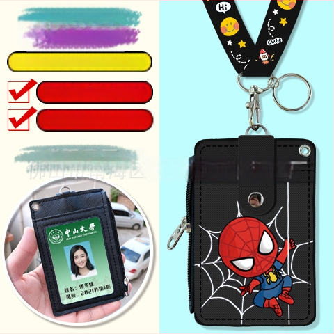 Holder de card pentru gât, multifuncțional, cu fermoar pentru monede — imprimeu anime, piele PU, potrivit pentru toate genurile, stil urban minimalist, primăvara 2024