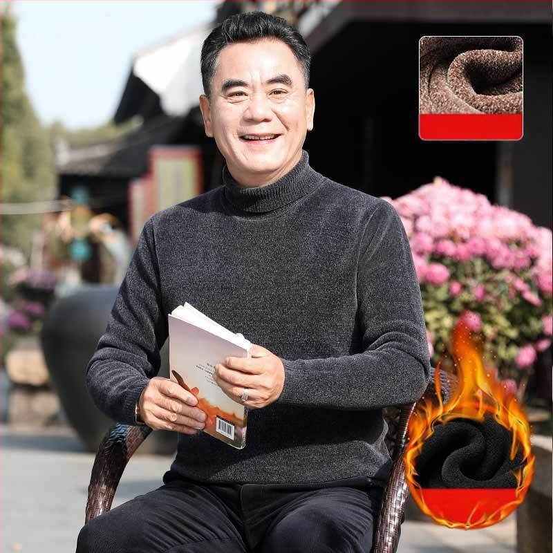 Férfi chenille kötött pulóver magas gallérral, fleece-bélés, vastagított kivitel, hosszú ujjú, 85% poliészter.