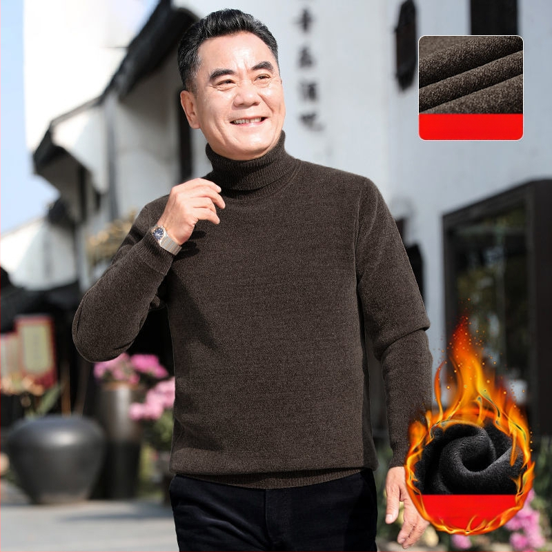 Férfi chenille kötött pulóver magas gallérral, fleece-bélés, vastagított kivitel, hosszú ujjú, 85% poliészter.