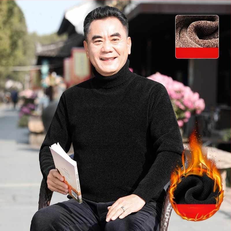 Férfi chenille kötött pulóver magas gallérral, fleece-bélés, vastagított kivitel, hosszú ujjú, 85% poliészter.