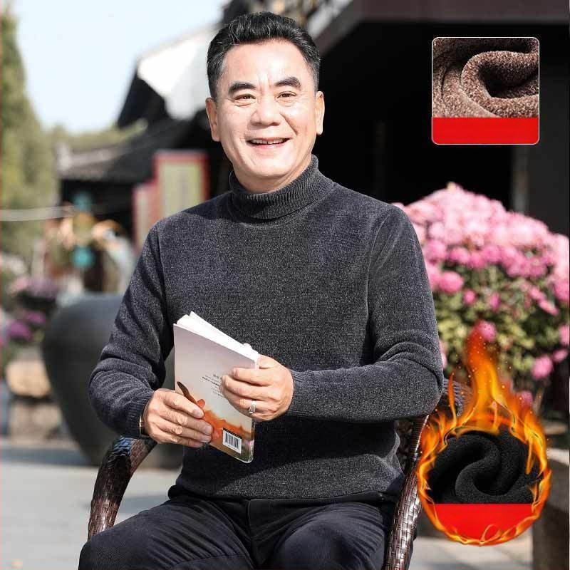 Férfi chenille kötött pulóver magas gallérral, fleece-bélés, vastagított kivitel, hosszú ujjú, 85% poliészter.