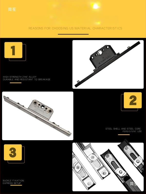 Alumíniumötvözetű bukóablak zárdoboza: átviteli zártest és teleszkópos zár, összekötő záralkatrészek