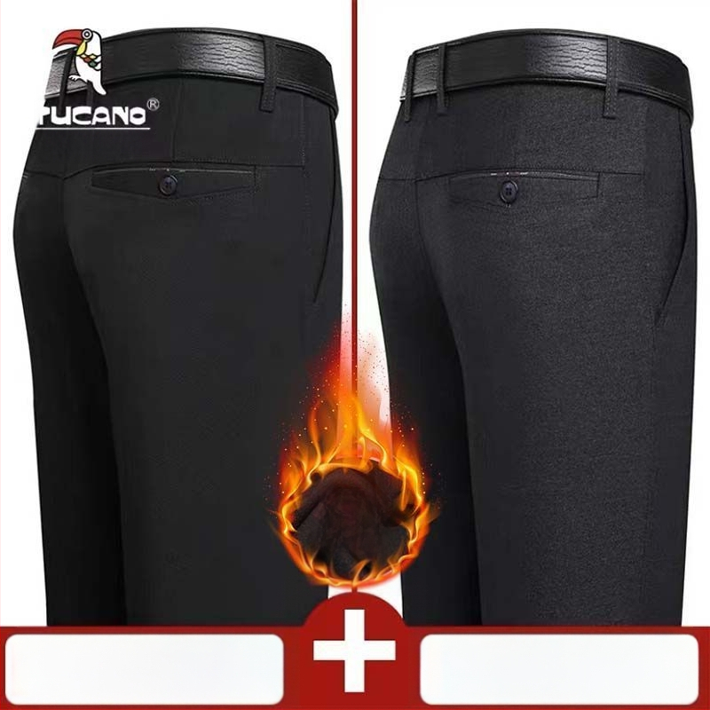 Ανδρικά παντελόνια casual με επένδυση φλίς, υψηλή μέση, ίσια γραμμή, πολυεστέρας