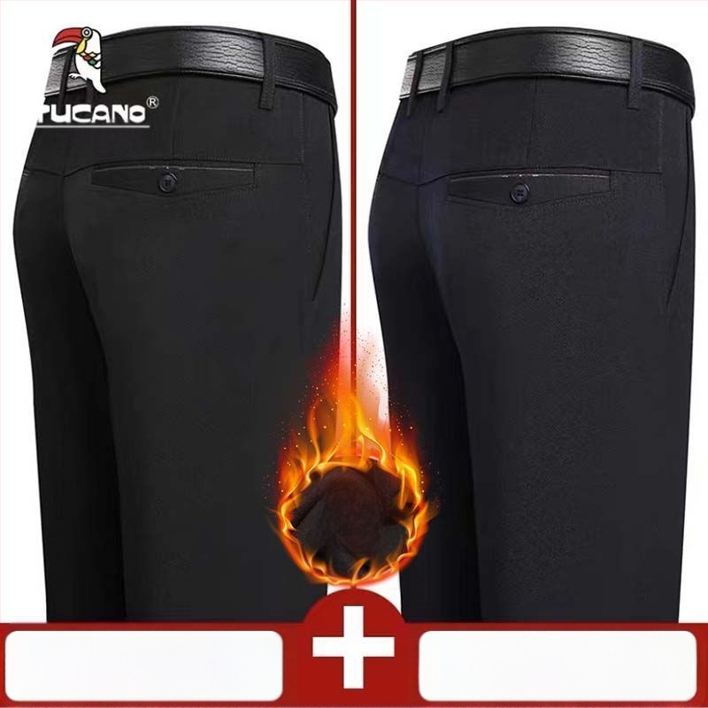 Ανδρικά παντελόνια casual με επένδυση φλίς, υψηλή μέση, ίσια γραμμή, πολυεστέρας