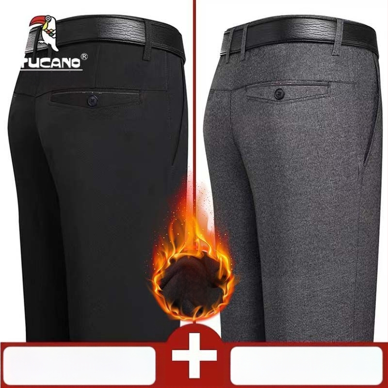 Ανδρικά παντελόνια casual με επένδυση φλίς, υψηλή μέση, ίσια γραμμή, πολυεστέρας