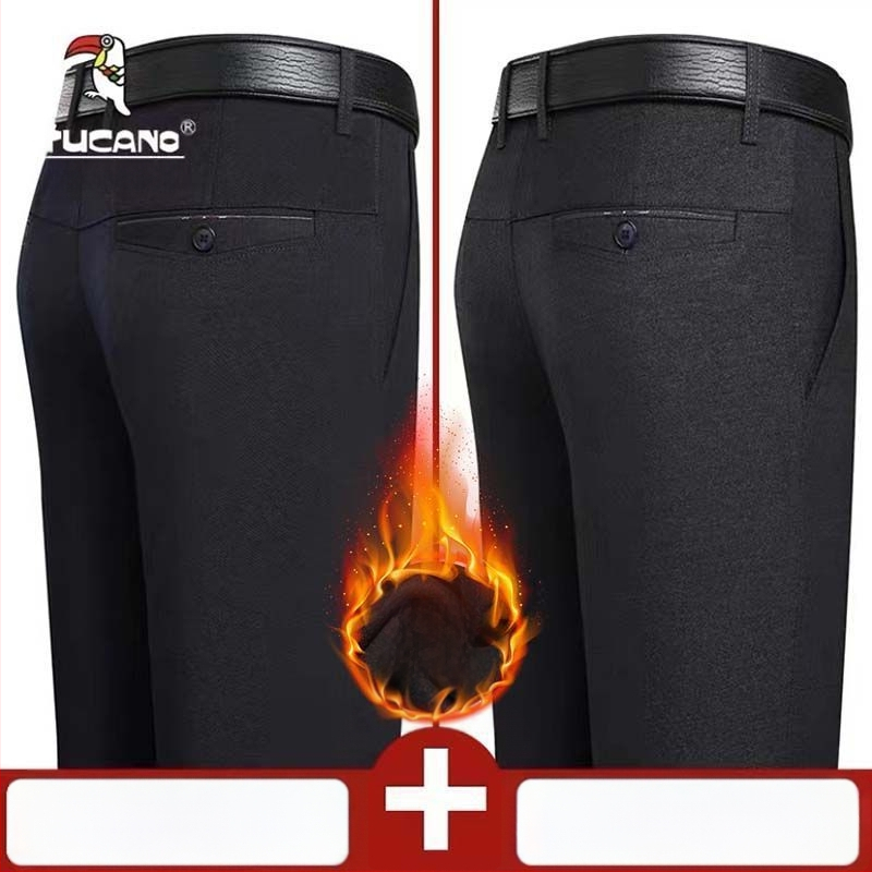 Ανδρικά παντελόνια casual με επένδυση φλίς, υψηλή μέση, ίσια γραμμή, πολυεστέρας