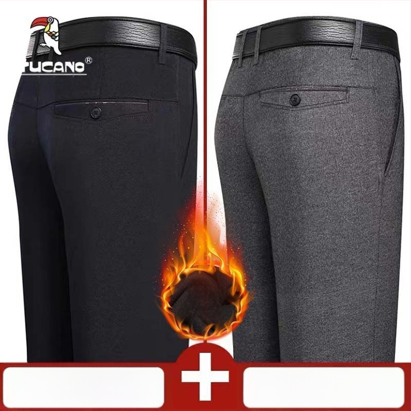 Ανδρικά παντελόνια casual με επένδυση φλίς, υψηλή μέση, ίσια γραμμή, πολυεστέρας