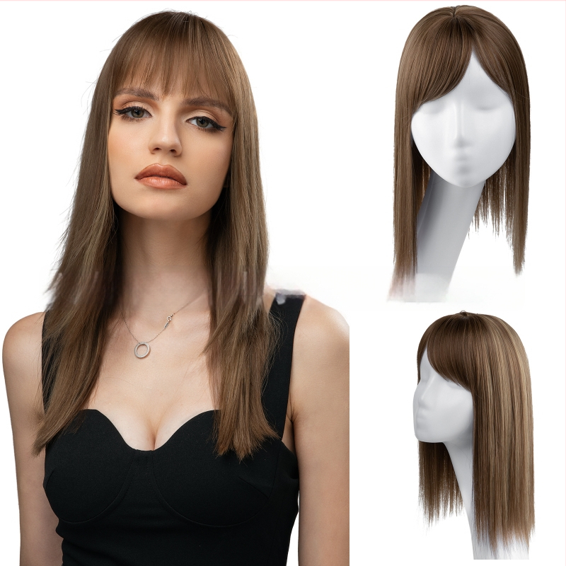 Perucă pentru femei - Piesă lungă, dreaptă cu breton 3D, procesare mecanizată, mătase rezistentă la temperaturi înalte, poate fi coafată și vopsită