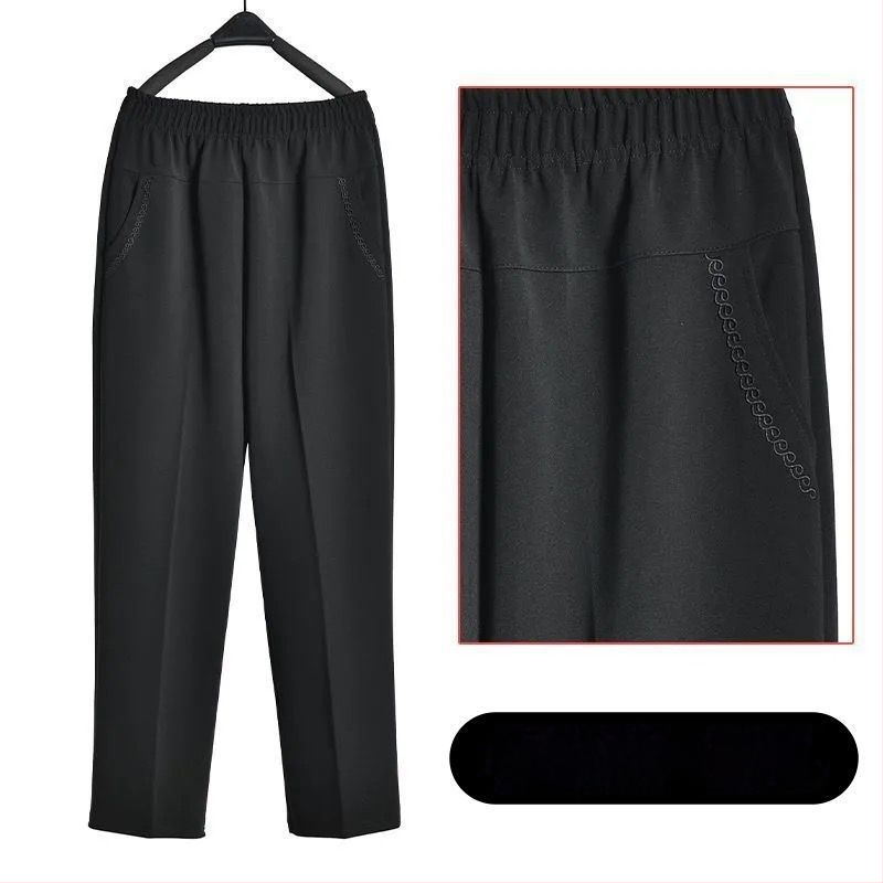 Ευθείες καθημερινές παντελόνες για μεσήλικες γυναίκες, υψηλή μέση, παχιά επένδυση φλίς, ύφασμα μπαμπού/Lyocell