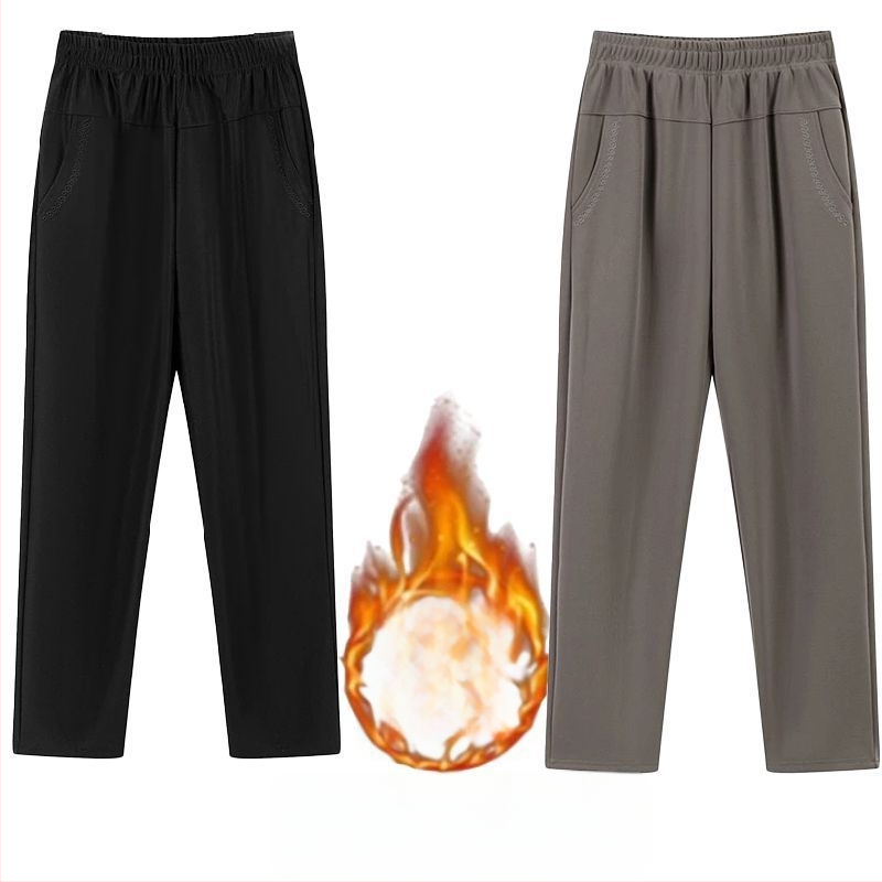 Ευθείες καθημερινές παντελόνες για μεσήλικες γυναίκες, υψηλή μέση, παχιά επένδυση φλίς, ύφασμα μπαμπού/Lyocell