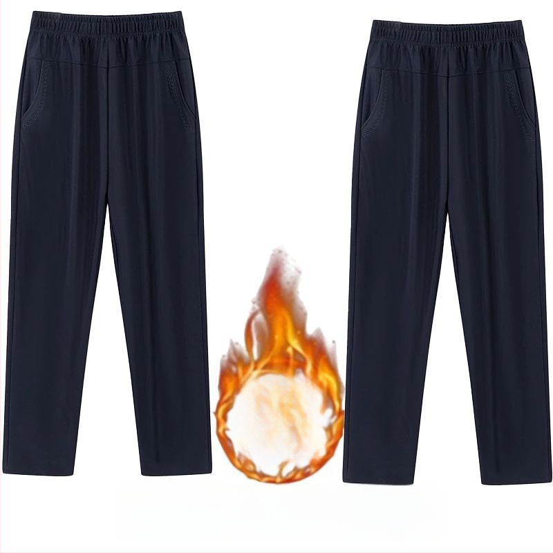 Ευθείες καθημερινές παντελόνες για μεσήλικες γυναίκες, υψηλή μέση, παχιά επένδυση φλίς, ύφασμα μπαμπού/Lyocell