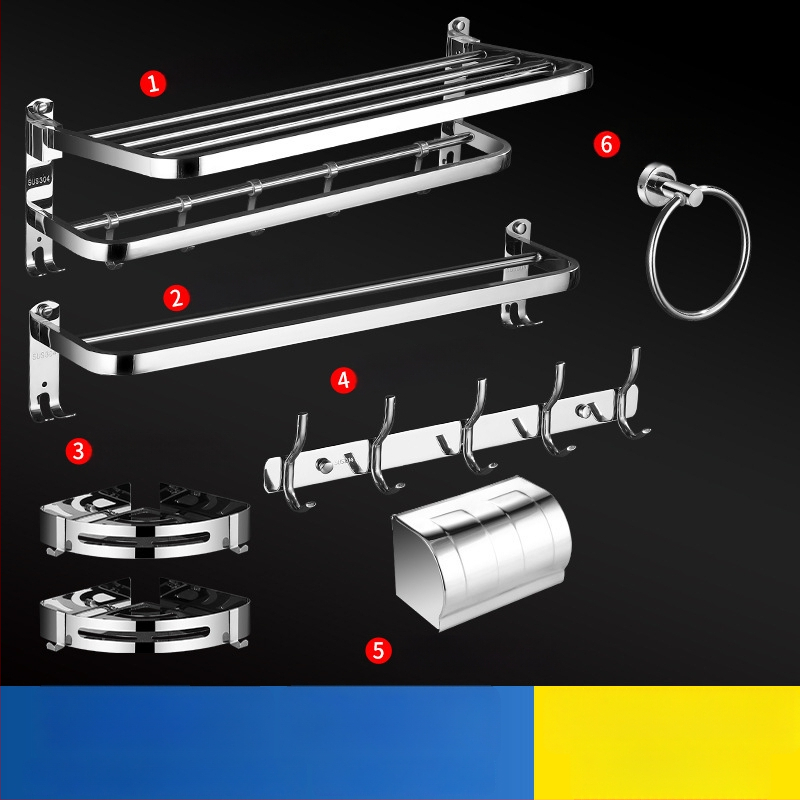 304 rozsdamentes acél törölközőtartó, polírozott felület, hat darabos készlet, modern minimalista fürdőszoba
