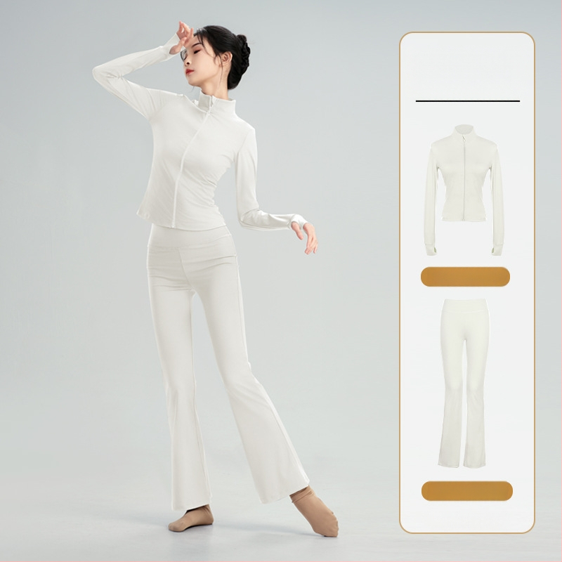 Modern táncruha készlet: hosszú ujjú, magas elasztikusságú felső, balett edzőkabát és tornász leotard; téli, tavaszi és őszi szezonokra; felnőtt női; poliészter/nylon anyag; bélés Modal 22% spandex