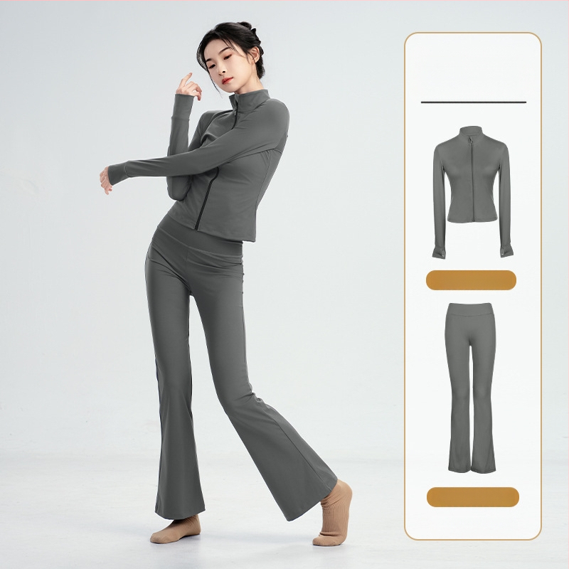 Modern táncruha készlet: hosszú ujjú, magas elasztikusságú felső, balett edzőkabát és tornász leotard; téli, tavaszi és őszi szezonokra; felnőtt női; poliészter/nylon anyag; bélés Modal 22% spandex