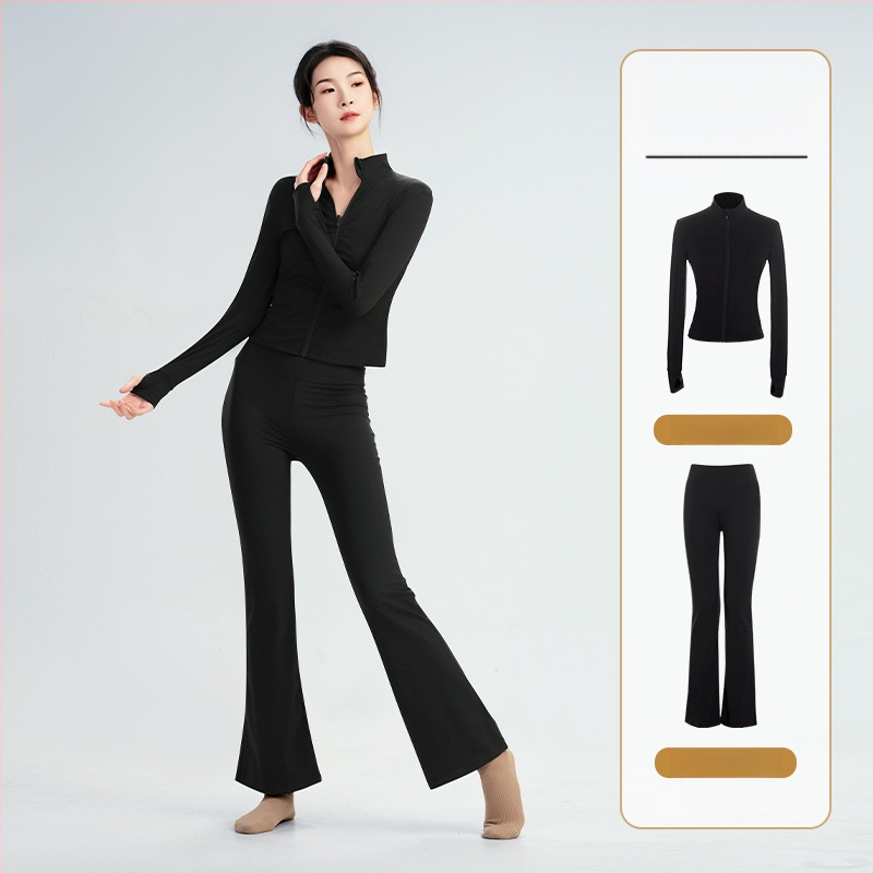 Modern táncruha készlet: hosszú ujjú, magas elasztikusságú felső, balett edzőkabát és tornász leotard; téli, tavaszi és őszi szezonokra; felnőtt női; poliészter/nylon anyag; bélés Modal 22% spandex