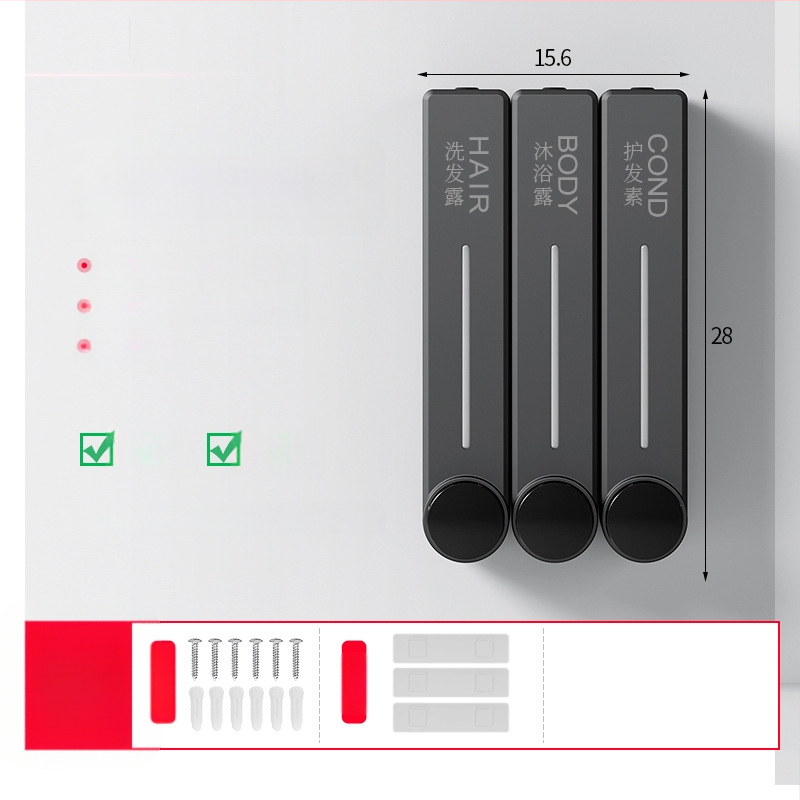 Стенен диспенсър за течен сапун за ръце, шампоан и душ гел | Пластмаса, окислена повърхност, модерен минималистичен стил, бутон за натиск