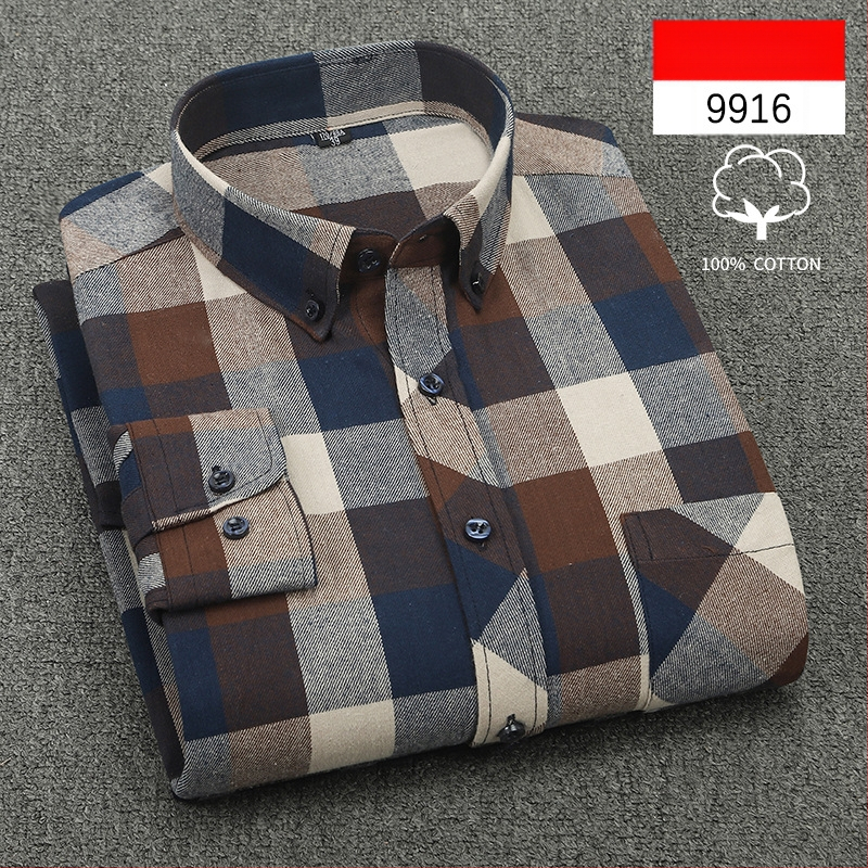 Cămașă bărbați cu mânecă lungă, carouri, bumbac, guler pătrat, stil casual lejer, potrivită pentru primăvară și toamnă