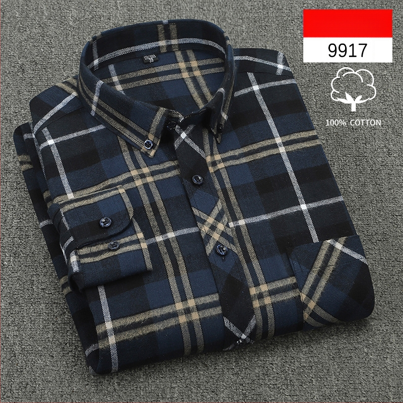 Cămașă bărbați cu mânecă lungă, carouri, bumbac, guler pătrat, stil casual lejer, potrivită pentru primăvară și toamnă