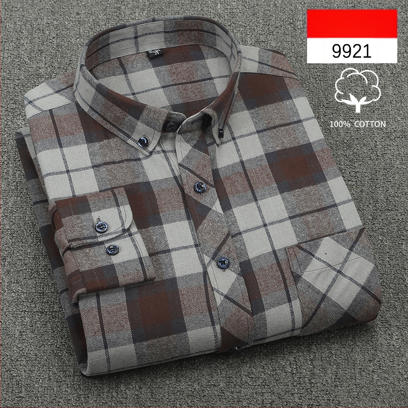 Cămașă bărbați cu mânecă lungă, carouri, bumbac, guler pătrat, stil casual lejer, potrivită pentru primăvară și toamnă