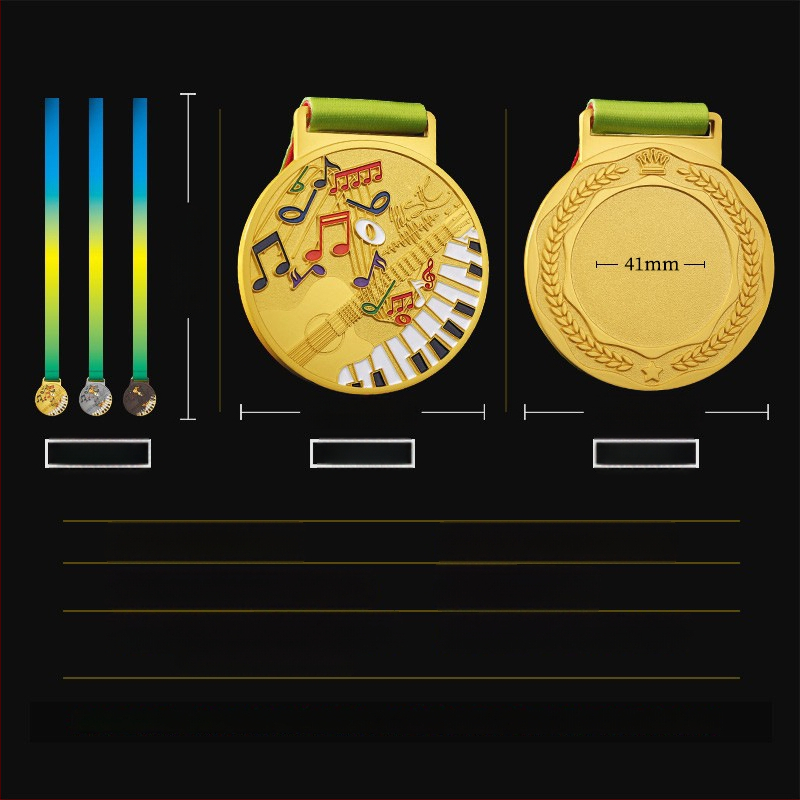 Prilagodljiva glazbena medalja od cinkovog legura s motivima klavira, violine i pjevanja, pozlaćena medalja za dječje glazbene i plesne natjecanja