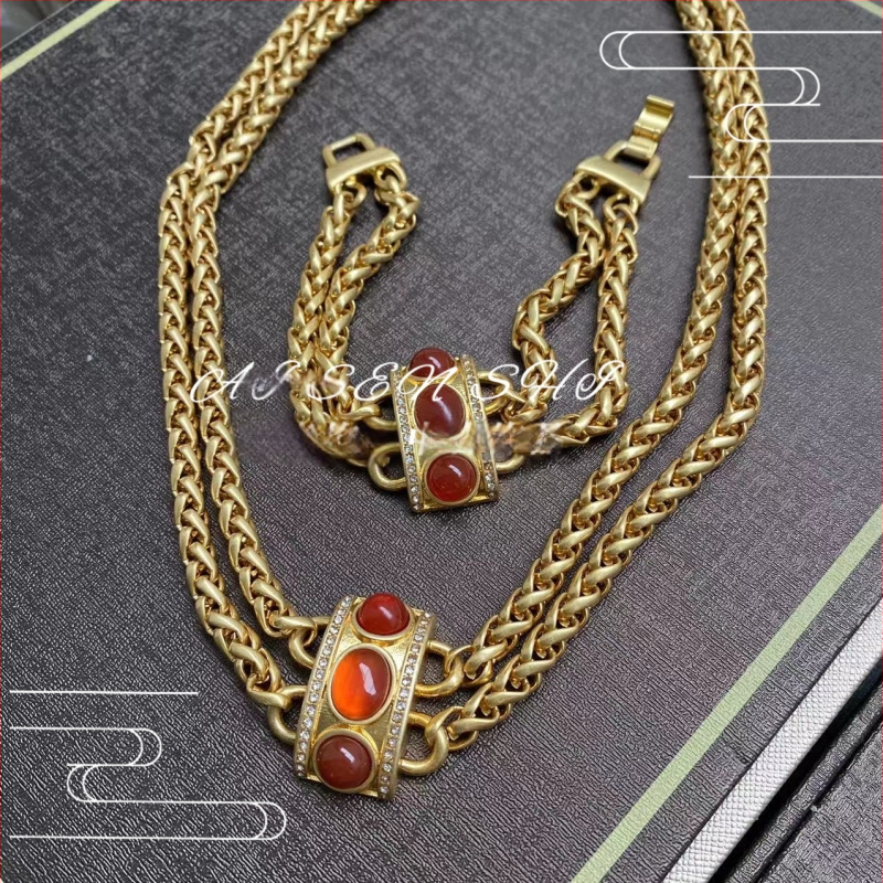 Set ogrlice i narukvice s dvostrukom lancem, retro stil, s ugrađenim kamenjem