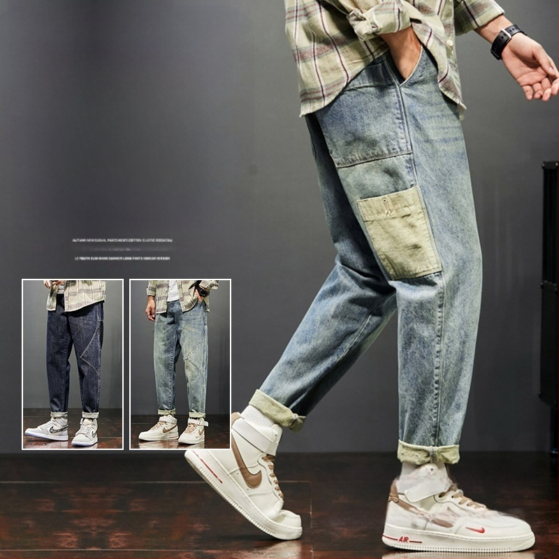 Muške traperice patchwork, distres, retro stil, korejski dizajn, casual i radni stil, ravna nogavica