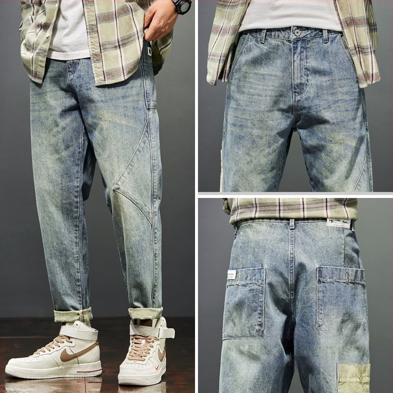 Muške traperice patchwork, distres, retro stil, korejski dizajn, casual i radni stil, ravna nogavica