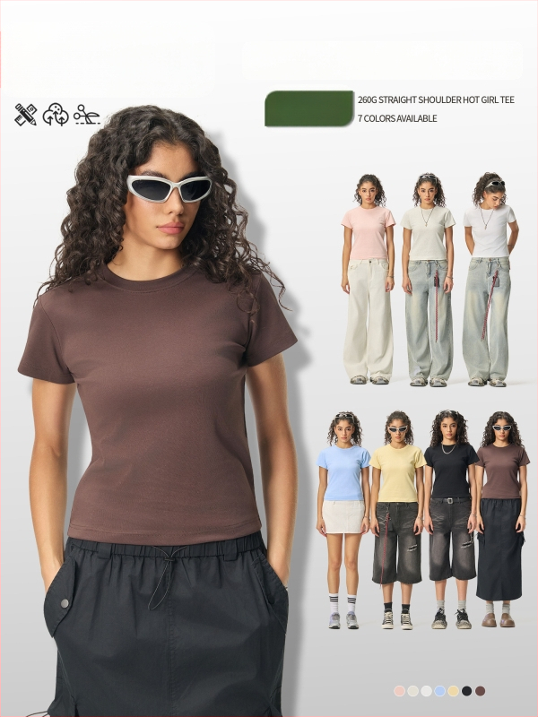 Ljetni crop-top u američkom stilu, kratki rukav, ženski slim-fit T-shirt jedne boje, 260 g