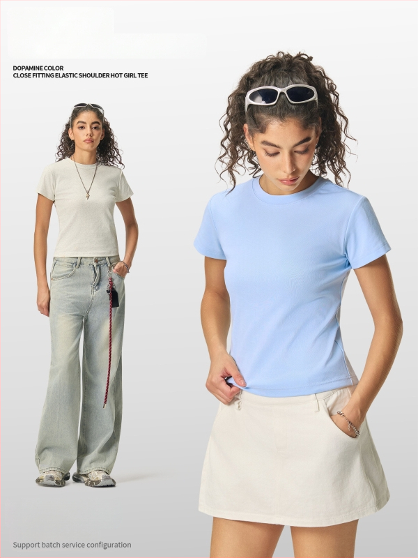 Ljetni crop-top u američkom stilu, kratki rukav, ženski slim-fit T-shirt jedne boje, 260 g
