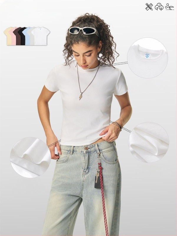 Ljetni crop-top u američkom stilu, kratki rukav, ženski slim-fit T-shirt jedne boje, 260 g