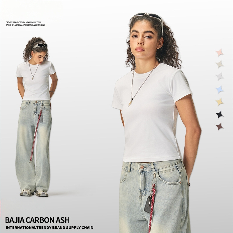 Ljetni crop-top u američkom stilu, kratki rukav, ženski slim-fit T-shirt jedne boje, 260 g