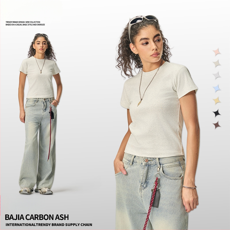 Ljetni crop-top u američkom stilu, kratki rukav, ženski slim-fit T-shirt jedne boje, 260 g