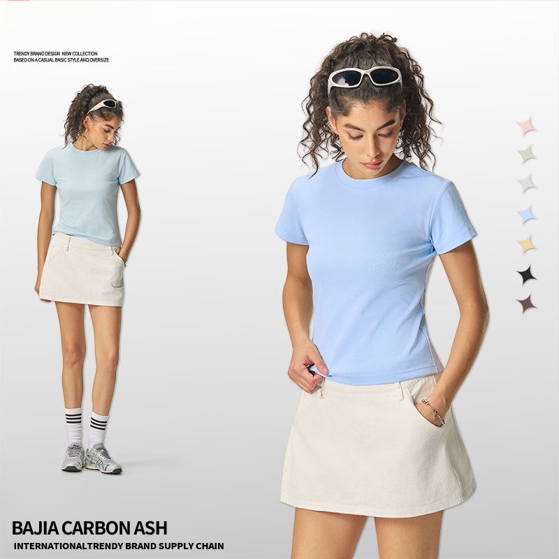 Ljetni crop-top u američkom stilu, kratki rukav, ženski slim-fit T-shirt jedne boje, 260 g