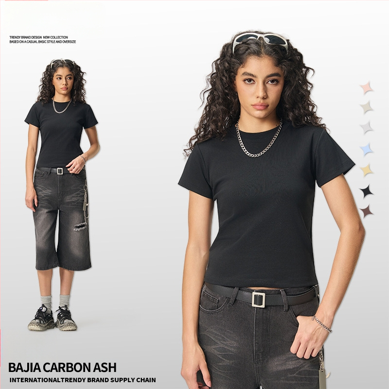 Ljetni crop-top u američkom stilu, kratki rukav, ženski slim-fit T-shirt jedne boje, 260 g