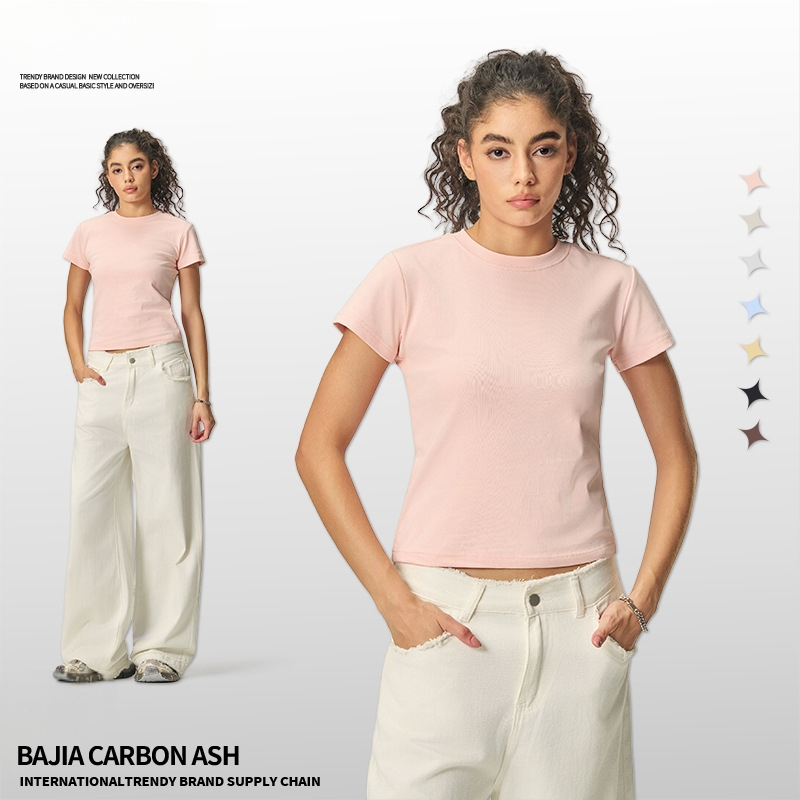 Ljetni crop-top u američkom stilu, kratki rukav, ženski slim-fit T-shirt jedne boje, 260 g